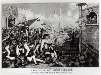 Bitwa pod Monterey: Amerykanie forsując drogę do głównego placu, 23 września 1846 r., grawerowana i opublikowana przez Nathanial Currier (1813-88), 1846